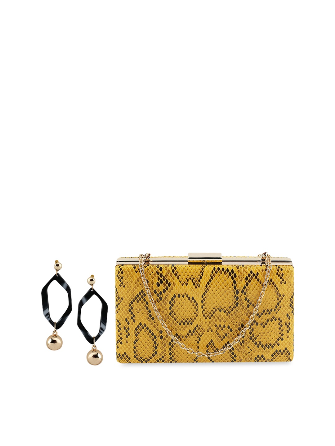 

Kazo Women Mustard Yellow Snake Print Box Clutch with Earrings