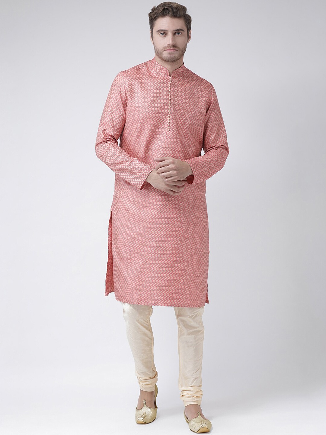 

LAMAAYA Men Pink Woven Design Straight Banarasi Silk Kurta