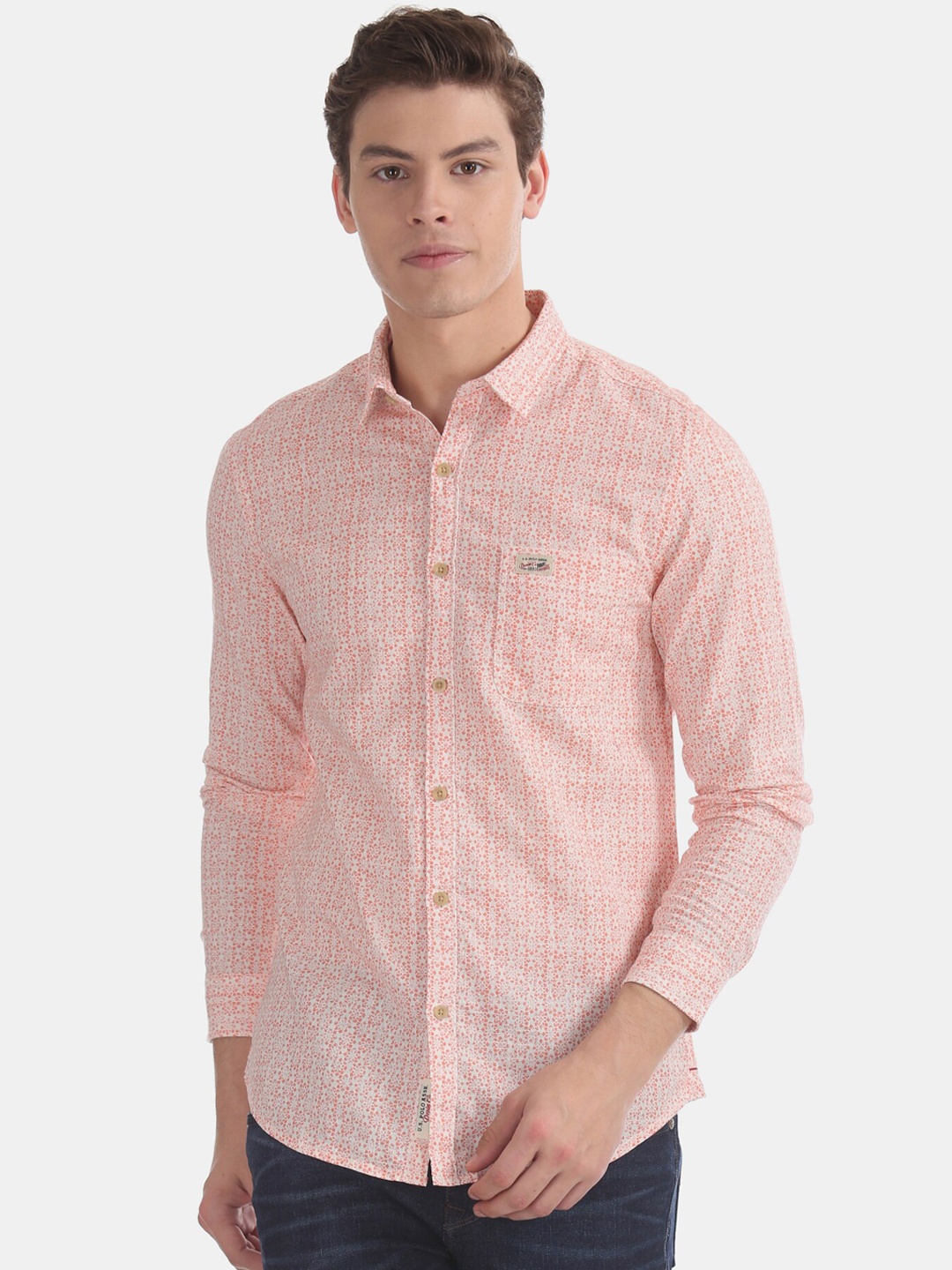 

U.S. Polo Assn. Denim Co. Men White & Orange Regular Fit Floral Printed Casual Shirt