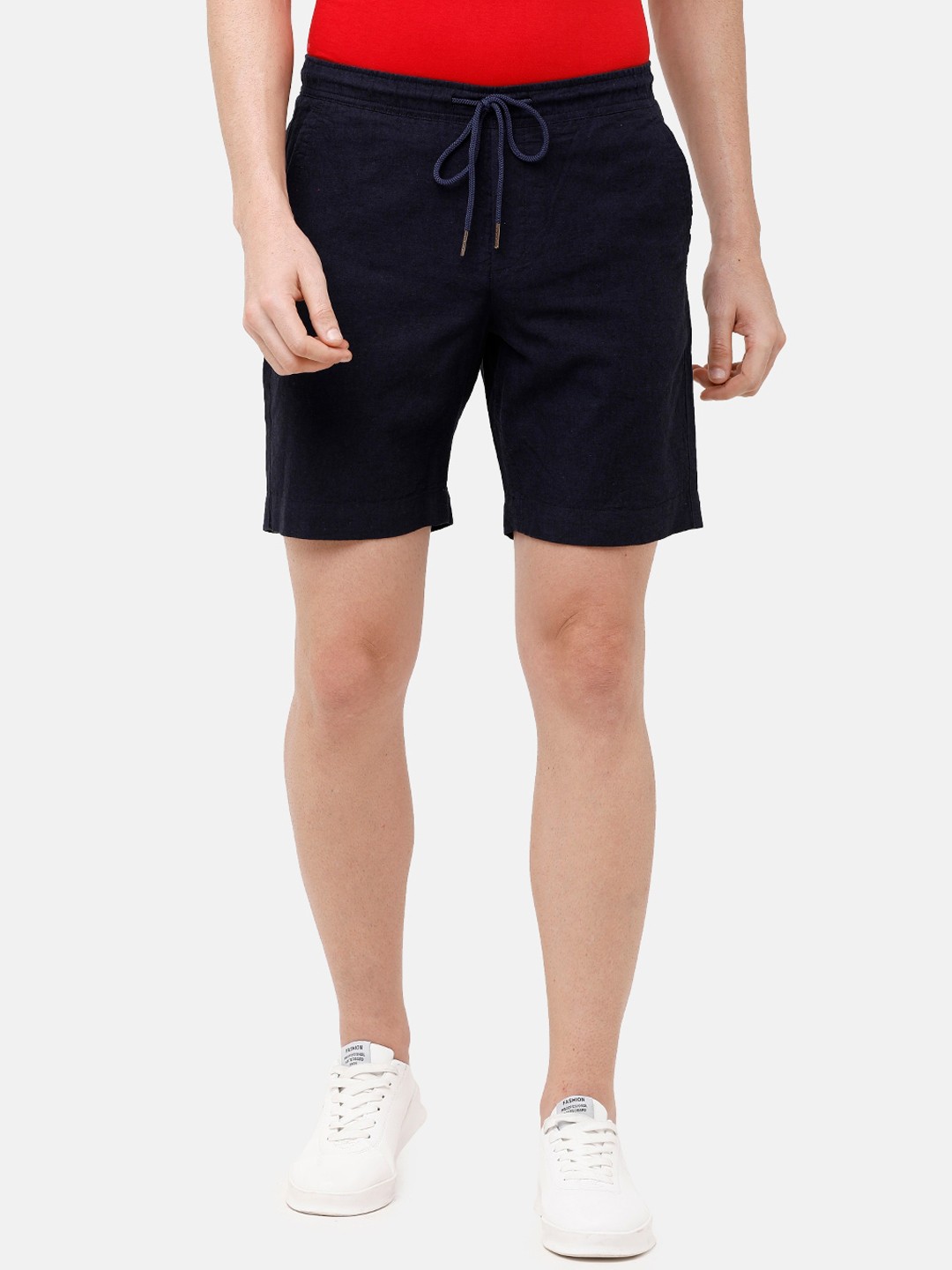 

CAVALLO by Linen Club Men Navy Blue Solid Linen Cotton Slim Fit Shorts