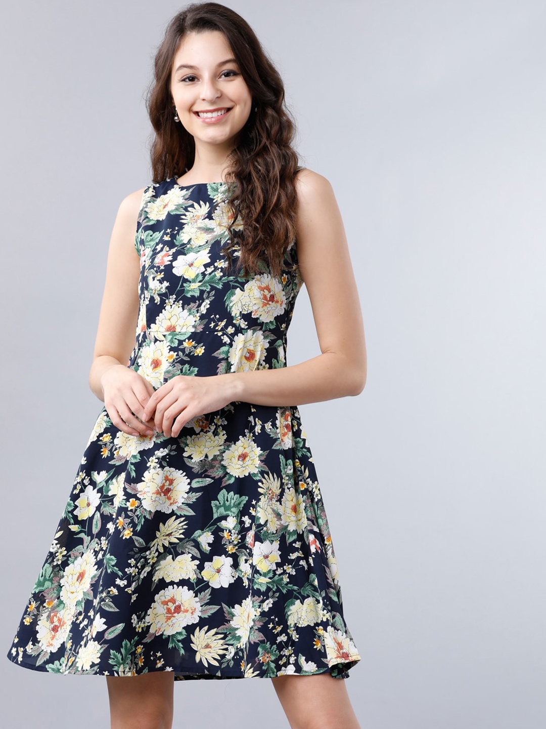 

Tokyo Talkies Women Navy Blue Floral Printed Fit and Flare Dress