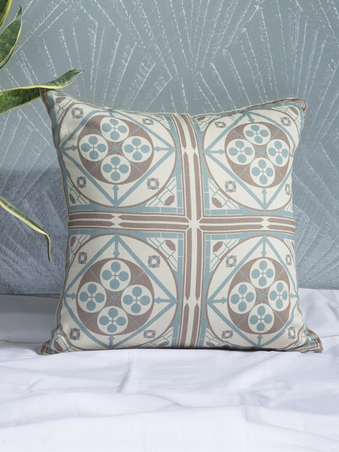 PETAL HOME Off-White & Blue Single Ethnic Motifs Square Cushion Cover
