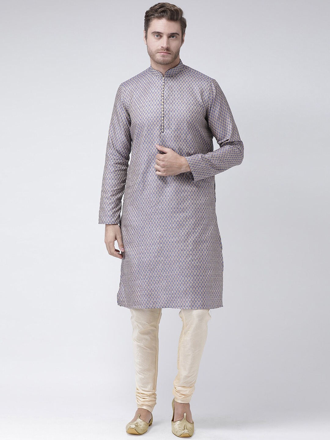

LAMAAYA Men Navy Blue & Beige Woven Design Straight Kurta