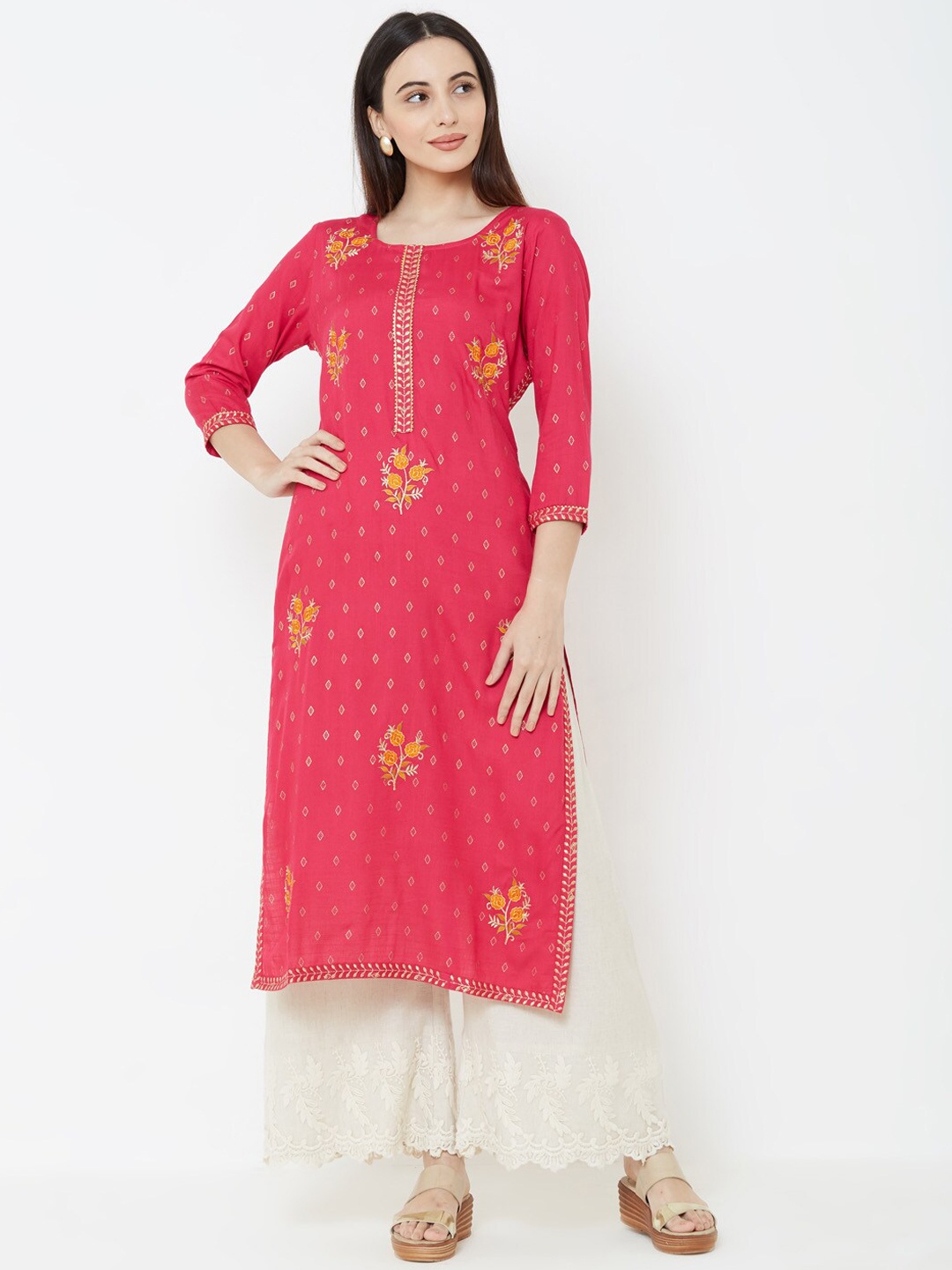 

FASHOR Women Pink Embroidered Straight Kurta