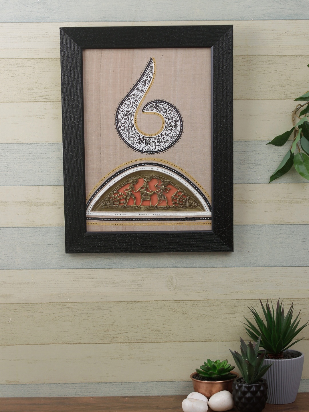 

Aapno Rajasthan Cream-Coloured & Black Handcrafted Wood Finish Worli Art Wall Hanging Frame