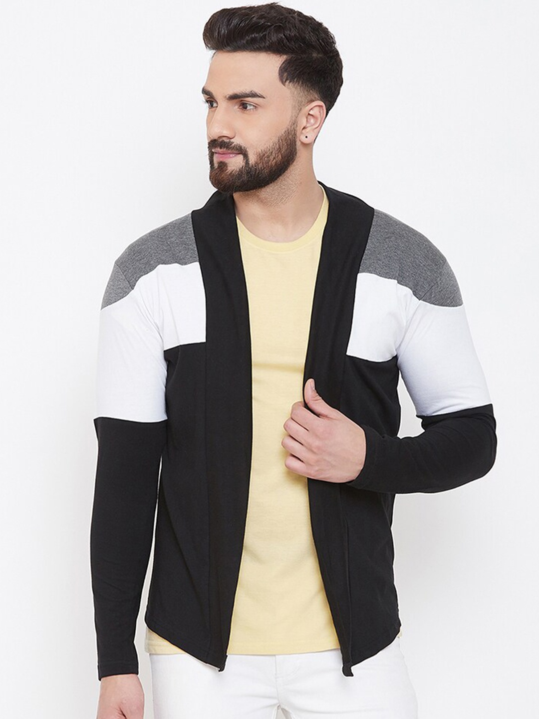 

CHROME & CORAL Men Black & Grey Colourblocked Open Front Shrug