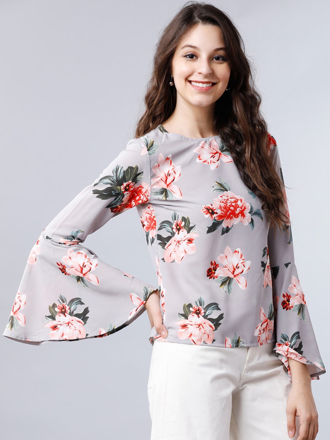 

Tokyo Talkies Women Grey & Red Floral Printed Top