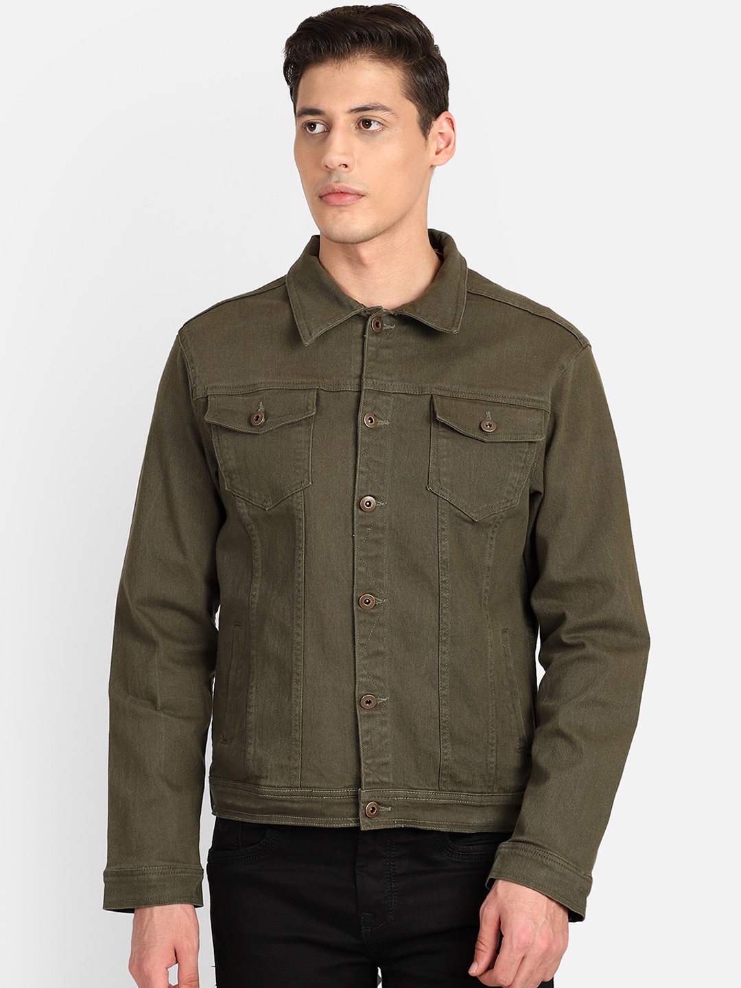

PUNK Men Olive Green Solid Lightweight Denim Jacket