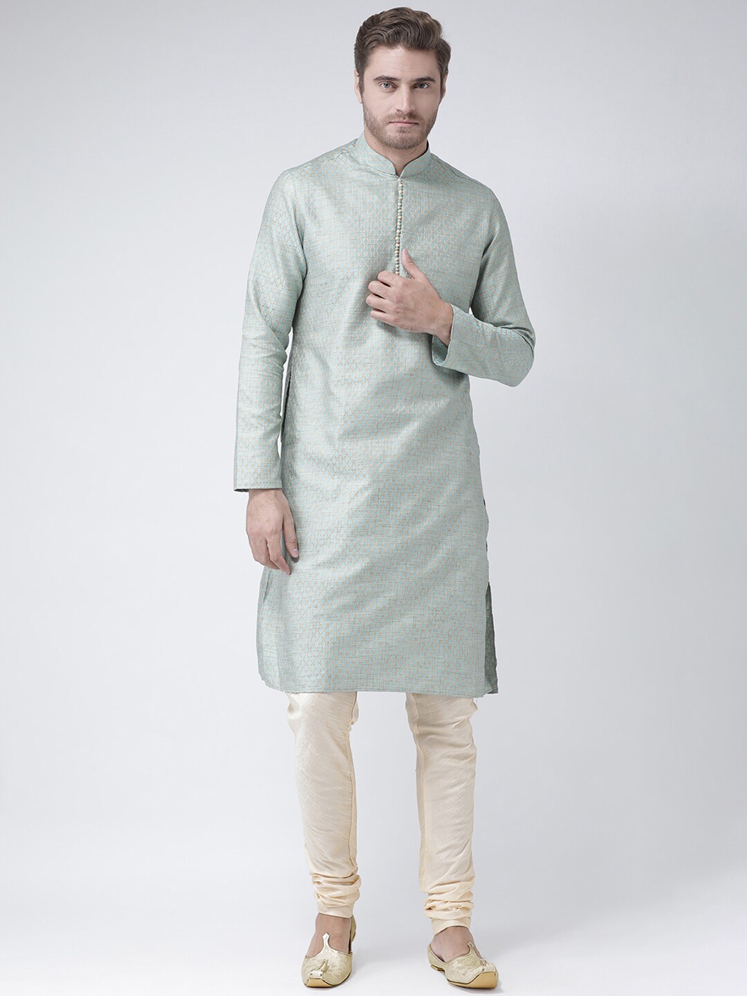 

LAMAAYA Men Blue Woven Design Banarasi Handloom Straight Kurta