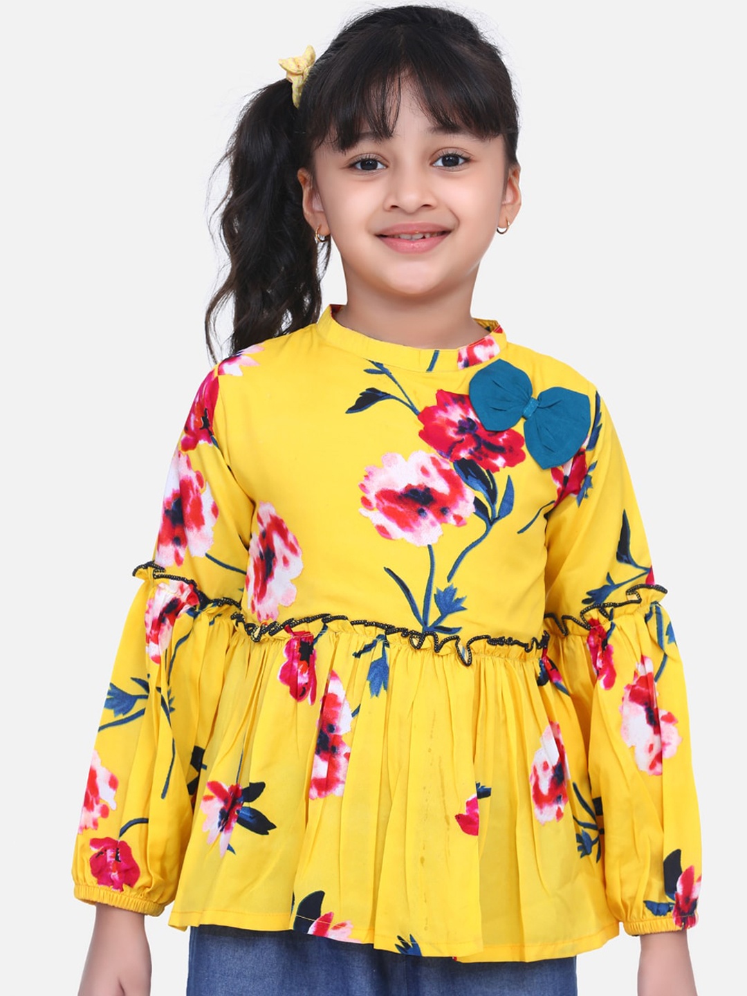 

Cutiekins Girls Yellow Floral Printed Peplum Top