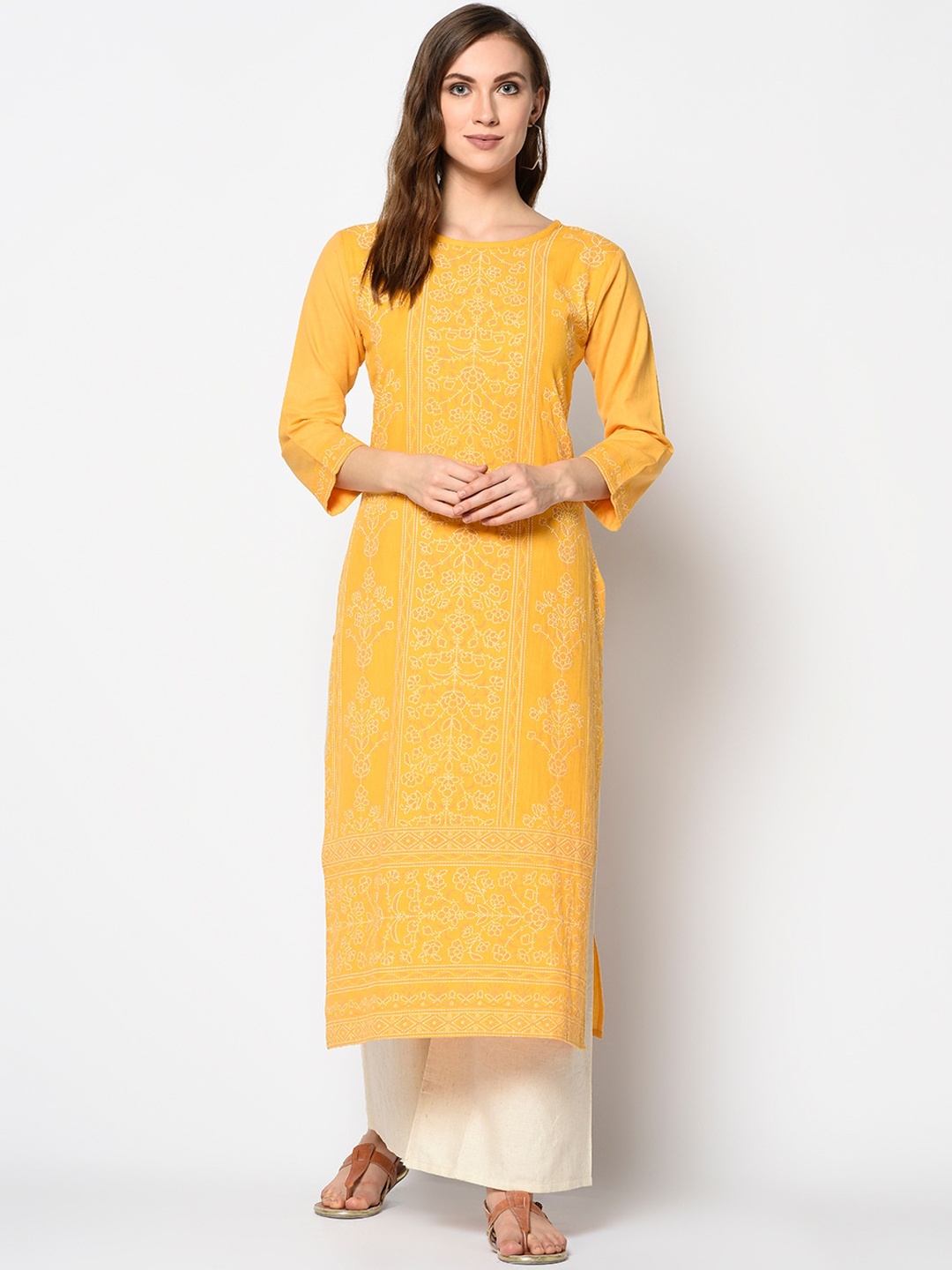 

Kvsfab Women Yellow Printed Straight Kurta