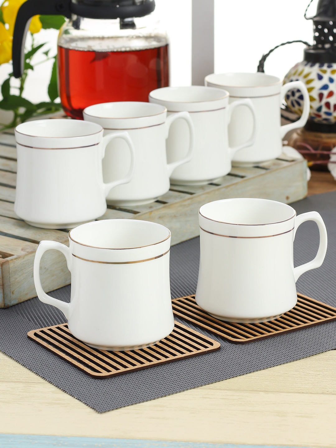

CLAY CRAFT White & Gold Toned 6 Pieces Glossy Ceramic Cups - 180 ml Each