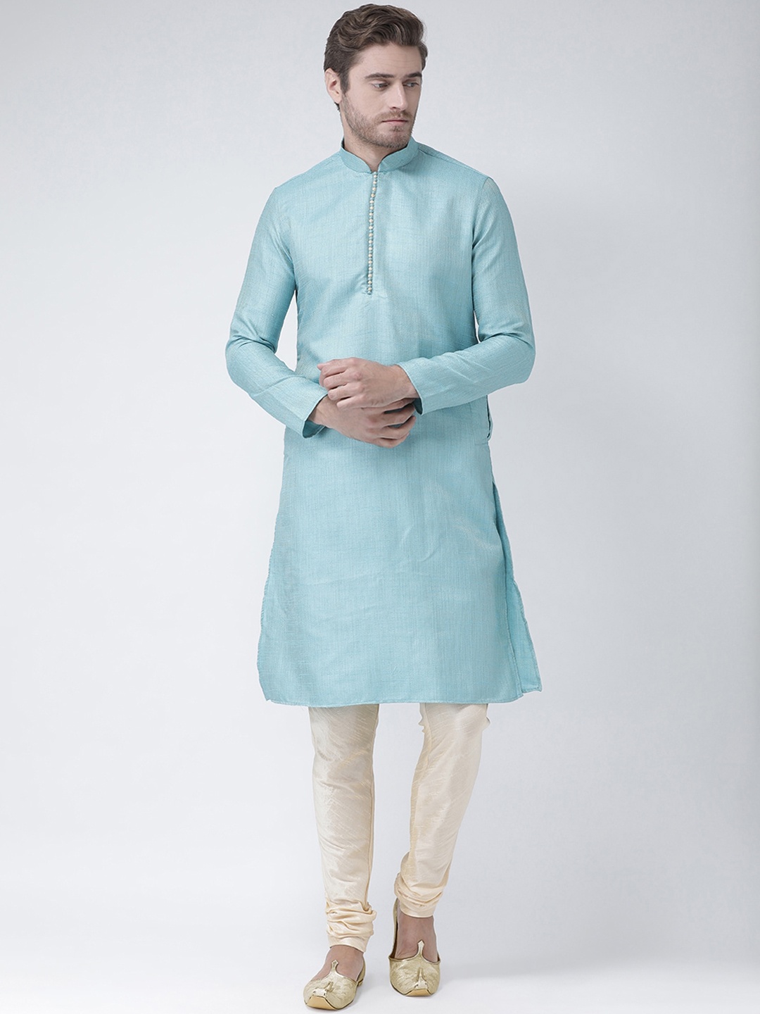 

LAMAAYA Men Blue Woven Design Straight Banarasi Handloom Kurta