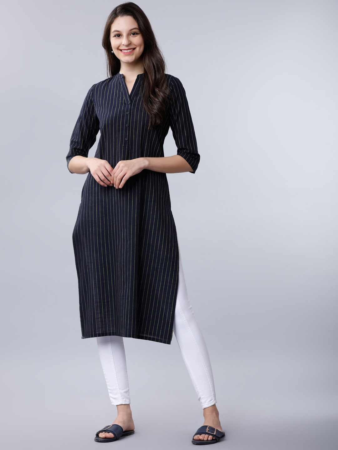Vishudh Women Navy Blue & Yellow Striped Straight Kurta