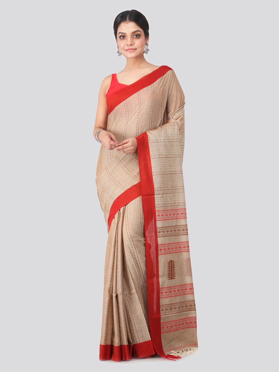 

PinkLoom Beige & Red Pure Cotton Woven Design Handloom Sustainable Saree