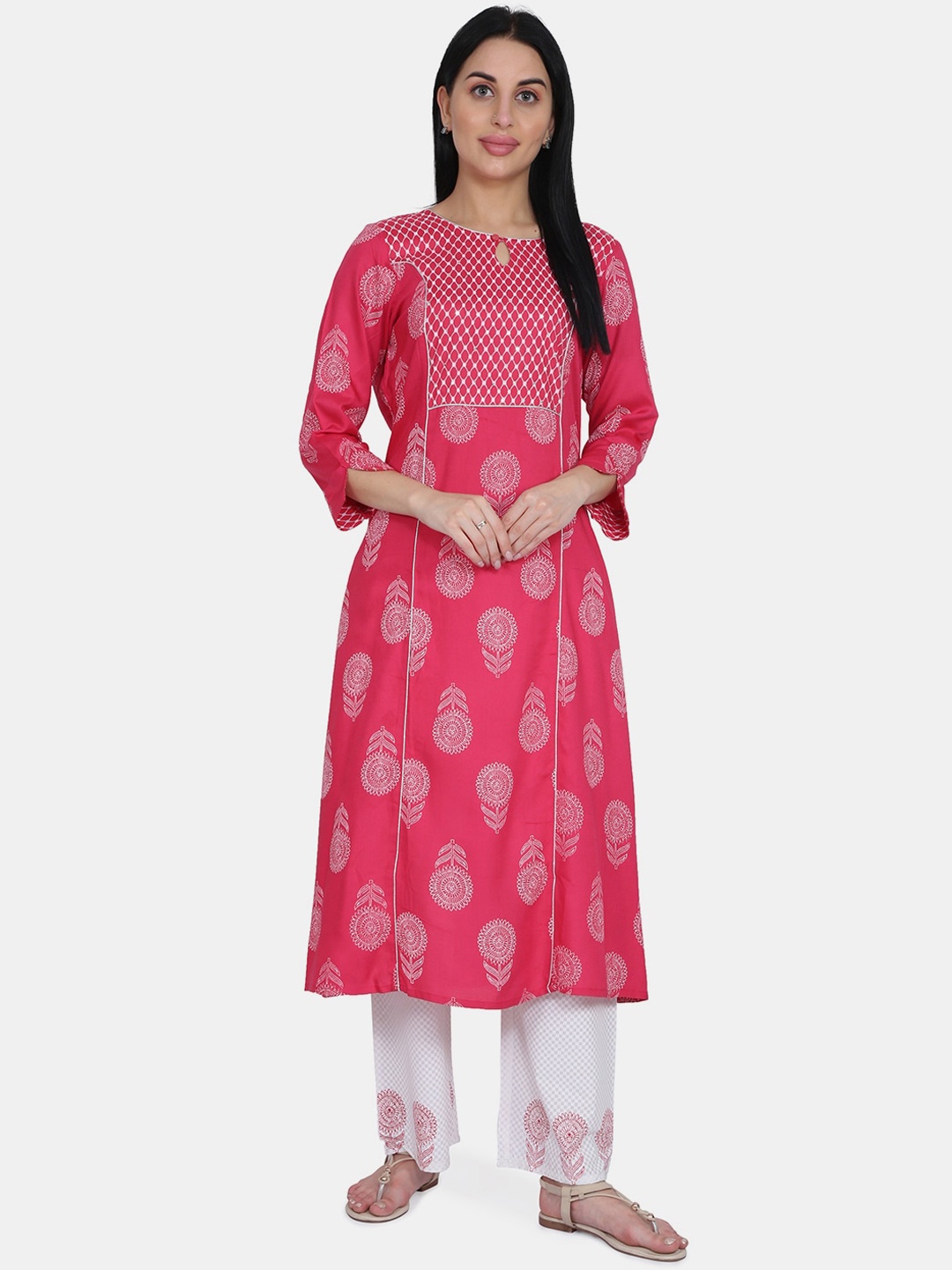 

Be Indi Women Pink & White Printed Kurta with Palazzos