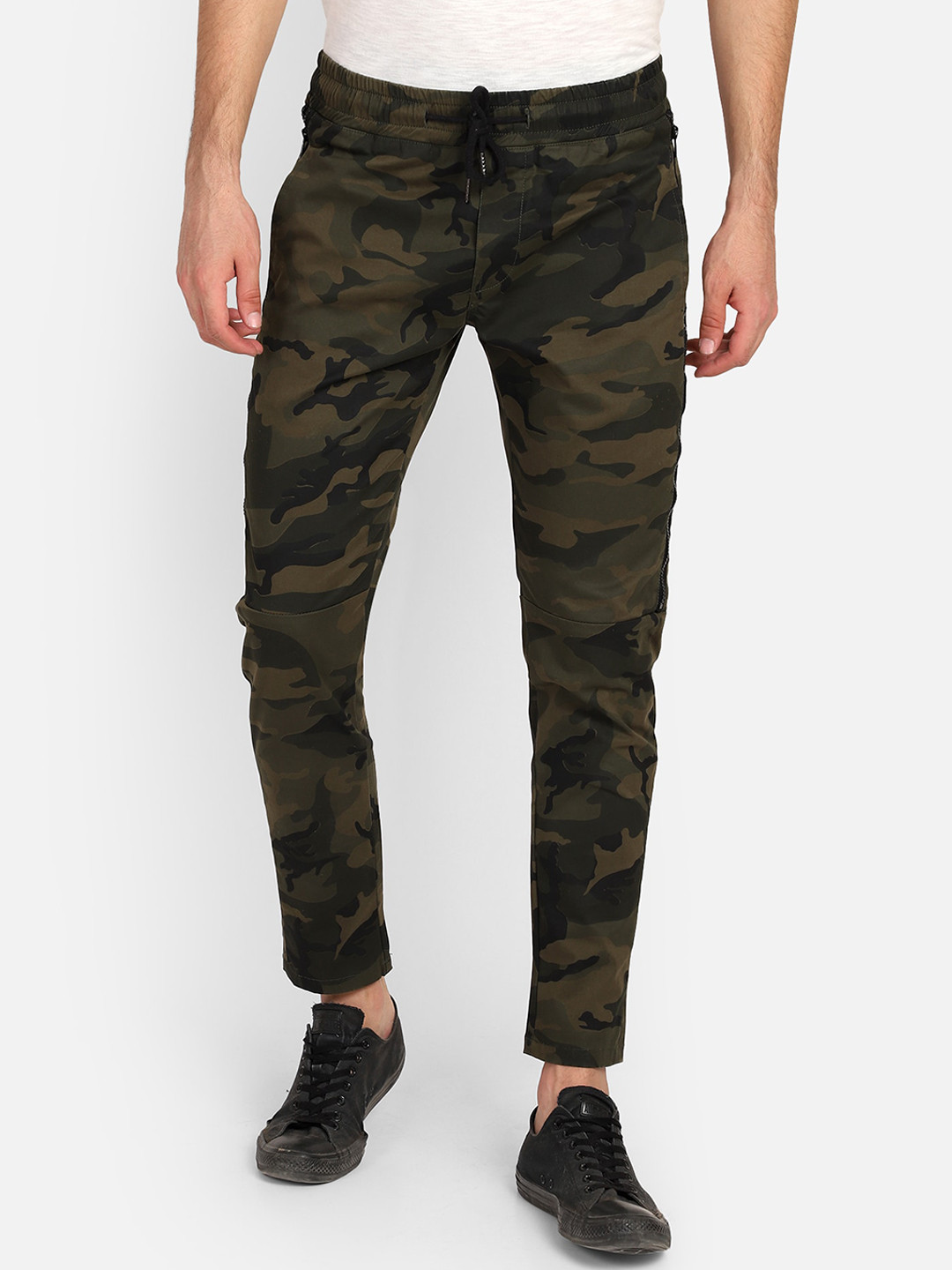 

PUNK Men Olive Green & Black Camouflage Printed Trackpants