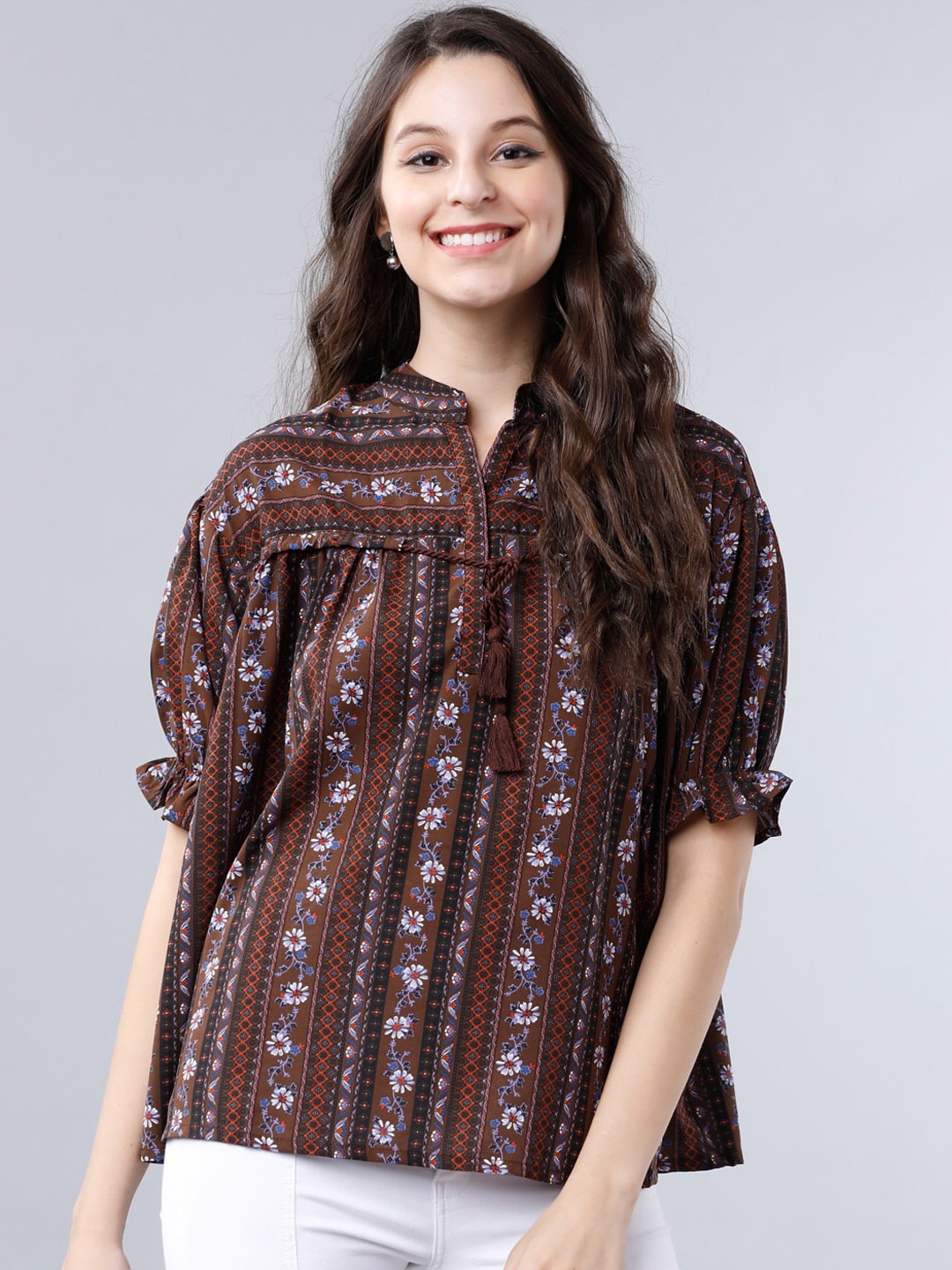 

Tokyo Talkies Women Brown Printed Blouson Top