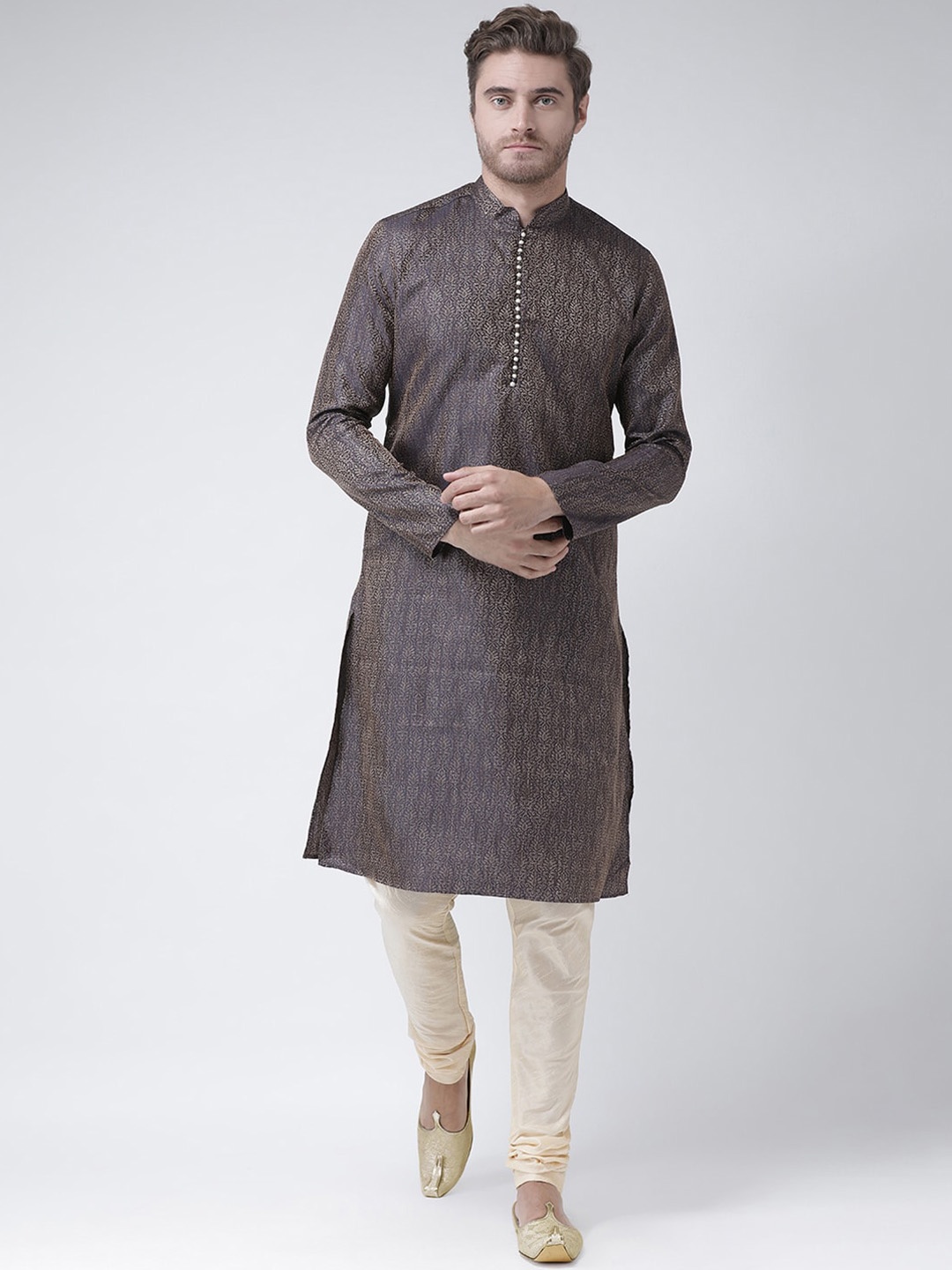 

LAMAAYA Men Navy Blue Woven Design Banarasi Handloom Straight Kurta