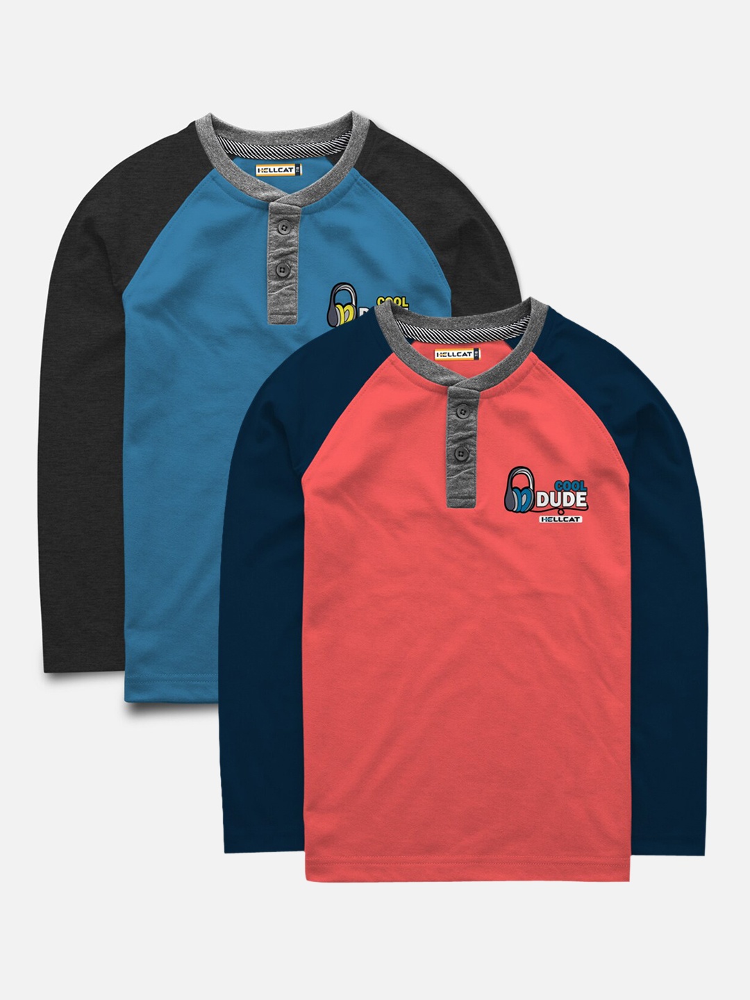 

HELLCAT Boys Red Colourblocked Henley Neck T-shirt