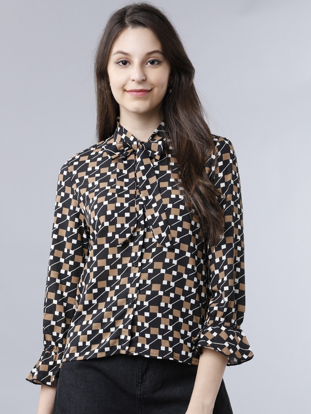 

Tokyo Talkies Women Black Printed Shirt Style Top
