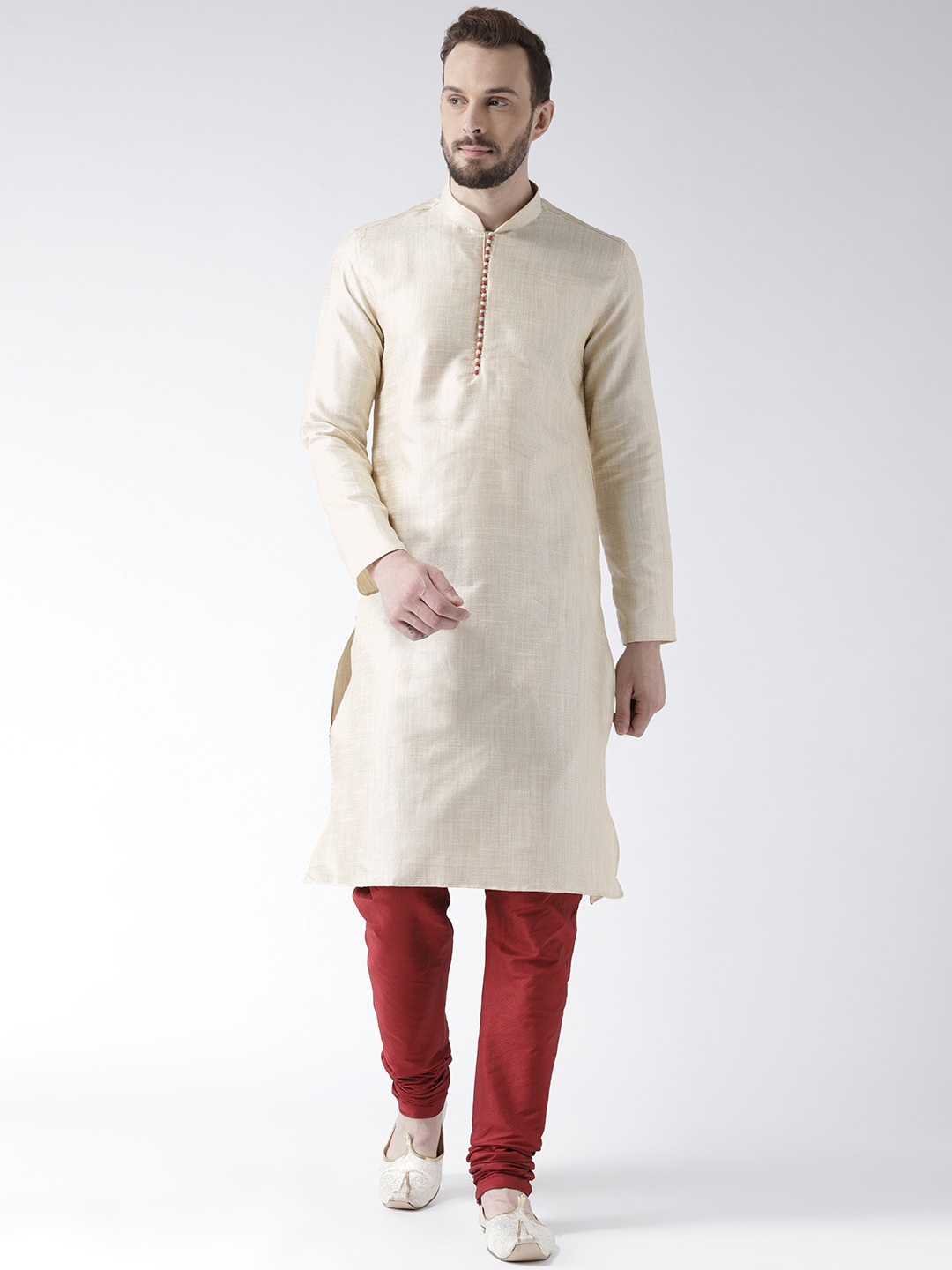 

LAMAAYA Men Cream-Coloured Woven Design Straight Kurta