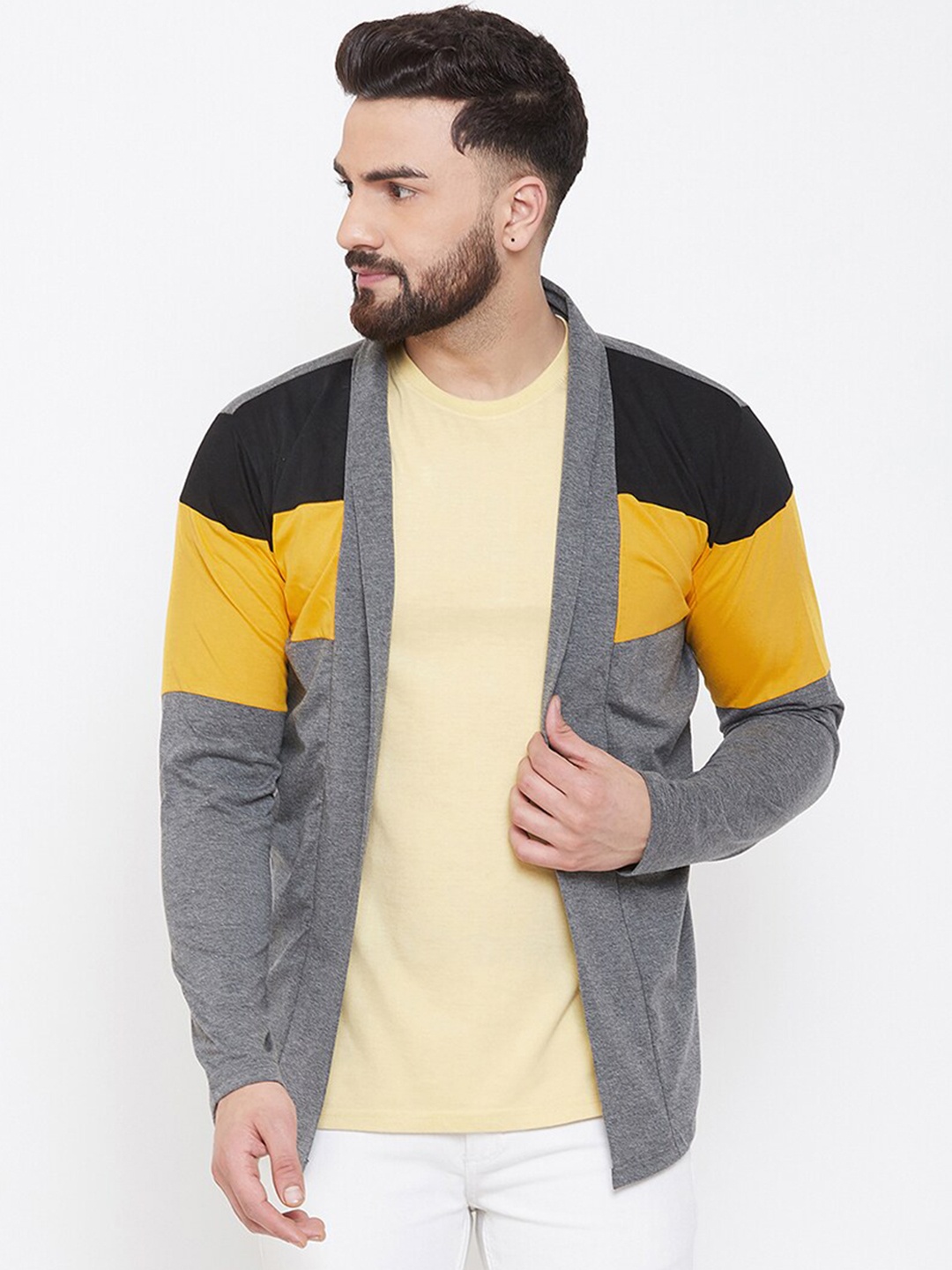

CHROME & CORAL Men Grey & Yellow Colourblocked Open Front Shrug