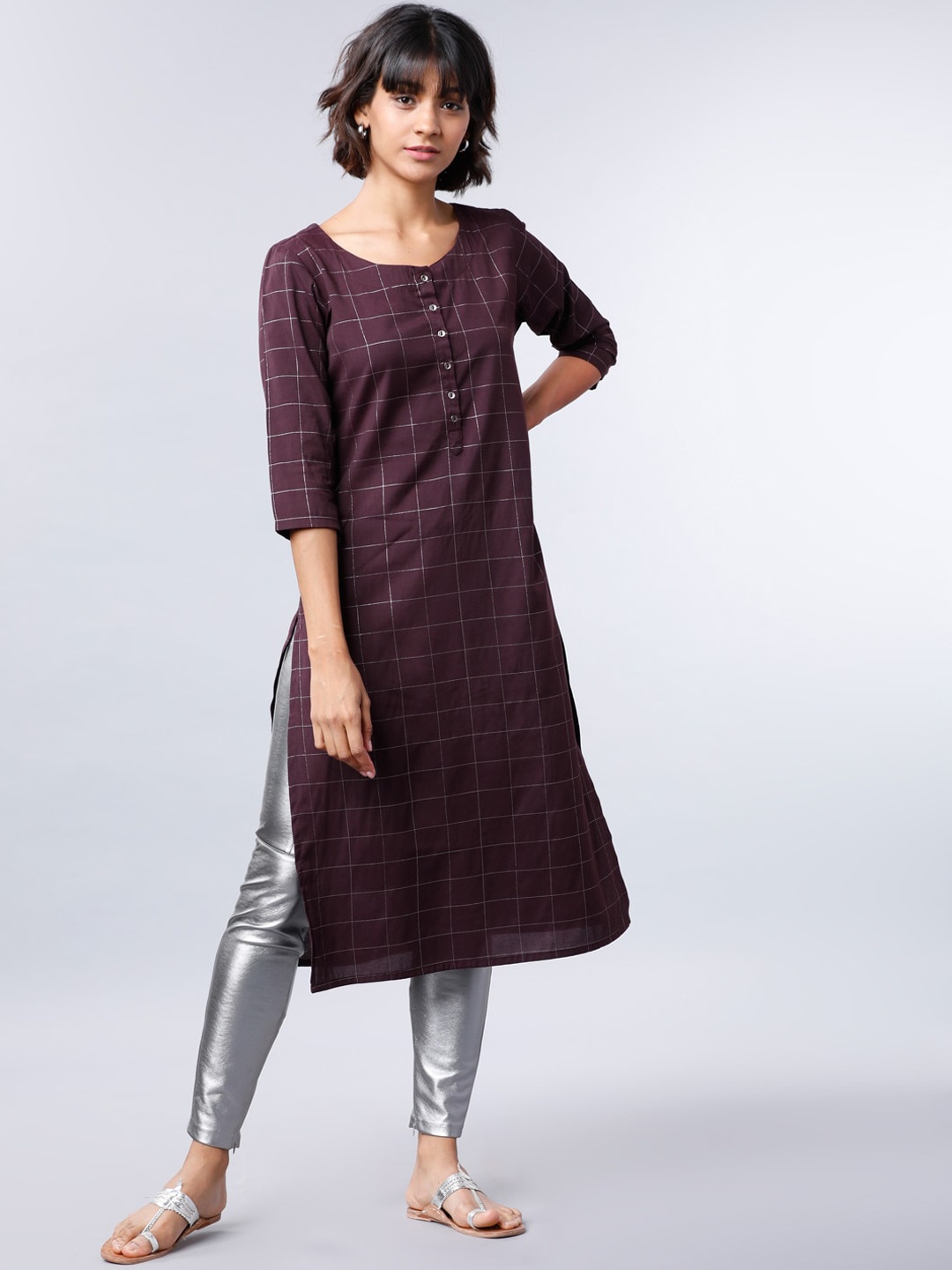 

Vishudh Women Burgundy Checked A-Line Kurta