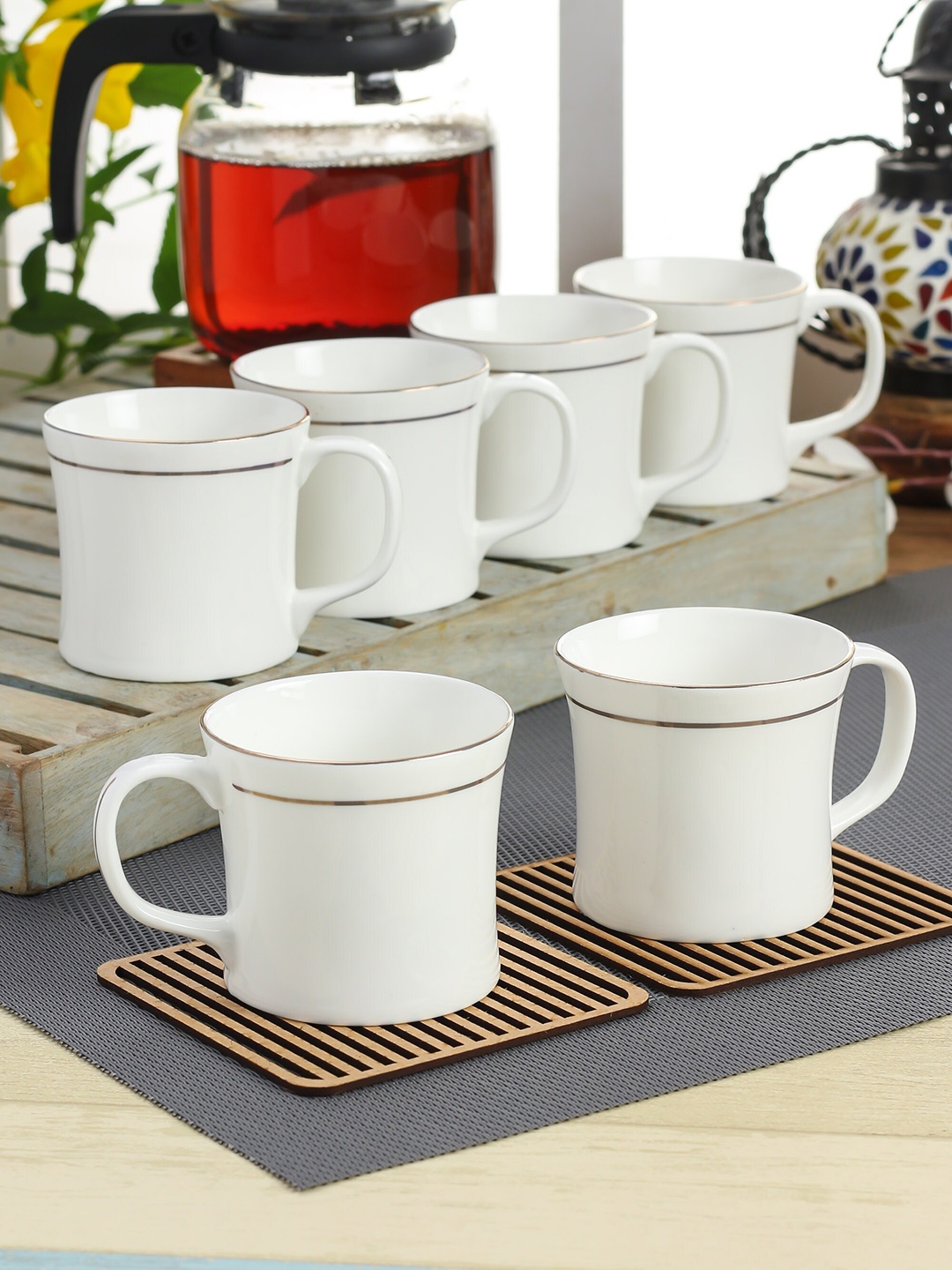 CLAY CRAFT White & Gold Toned 6 Pieces Glossy Ceramic Cups - 180 ml Each