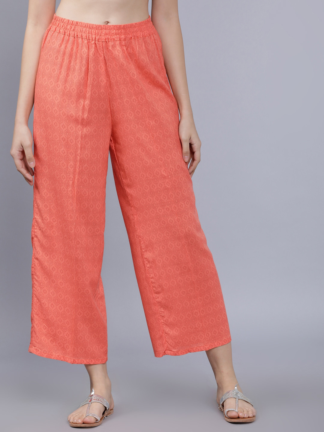 

Vishudh Women Orange Checked Straight Palazzos