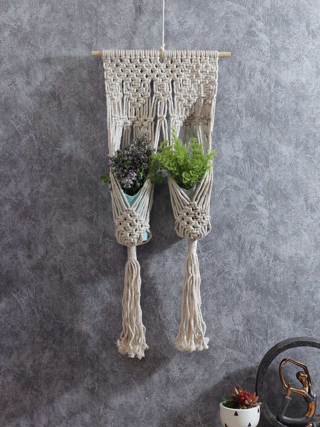 

Aapno Rajasthan White Hand Knotted Hanging Wall Decor for 2 Planters