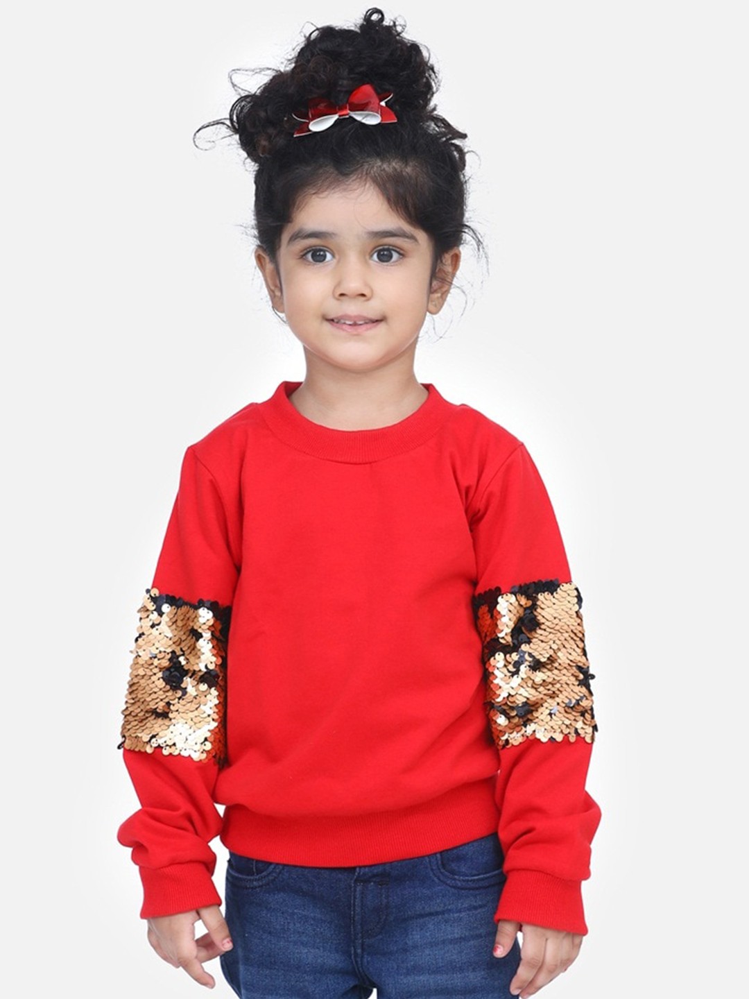 

LilPicks Girls Red Solid Sequin Sleeve Sweatshirt