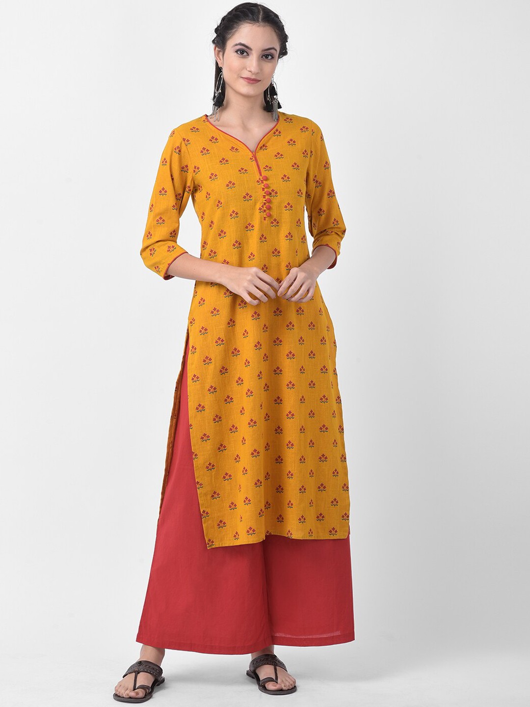 

aayusika Women Mustard Yellow & Red Printed Straight Kurta