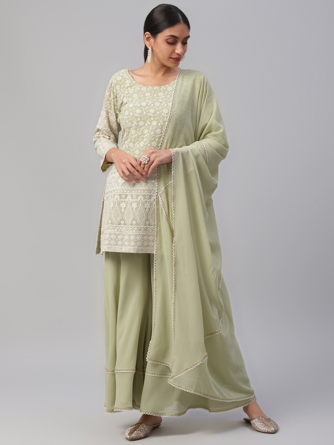 

Libas Women Green Embroidered Kurti with Palazzos & Dupatta