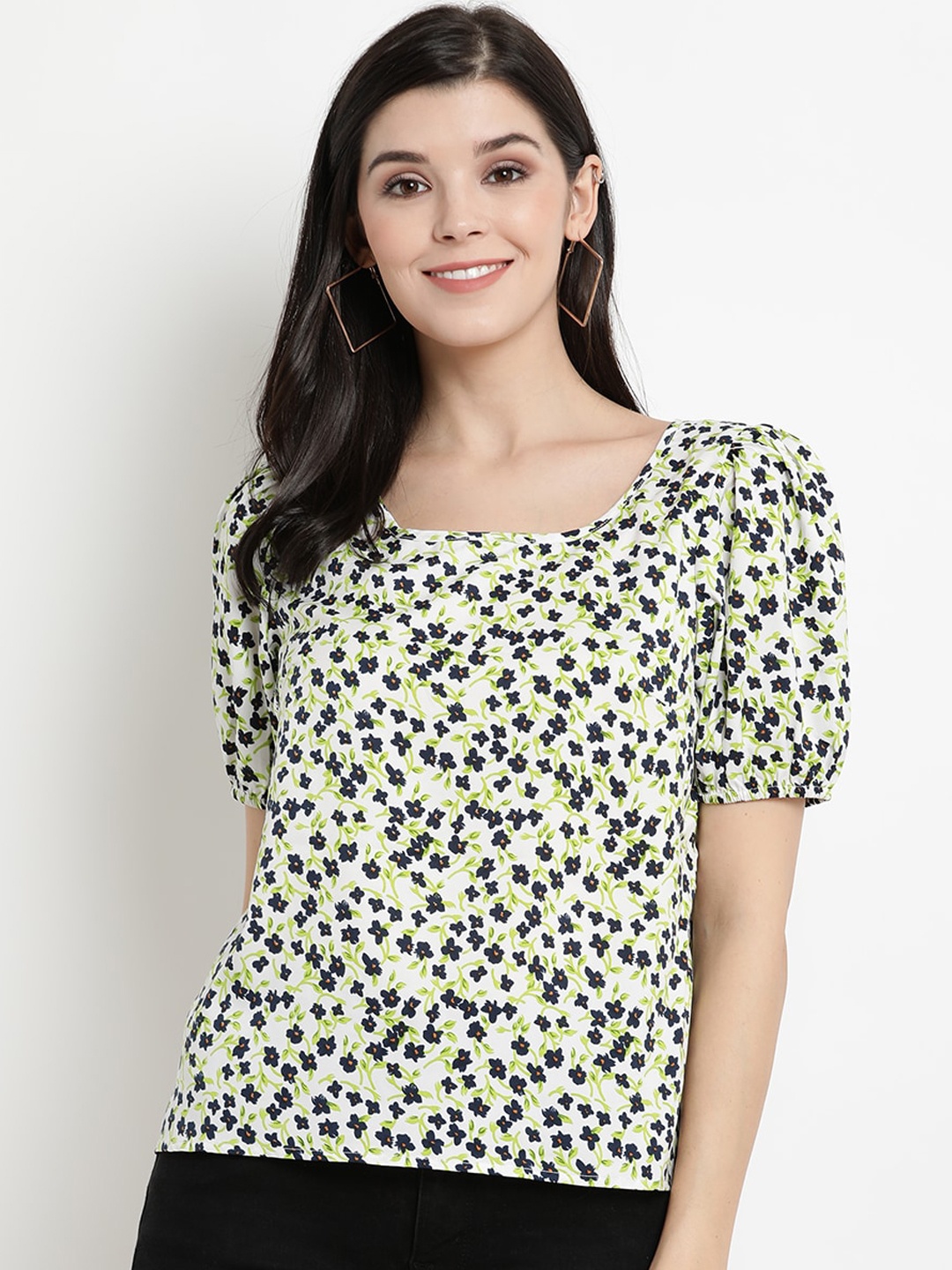 

The Vanca Women White & Green Floral Printed Top