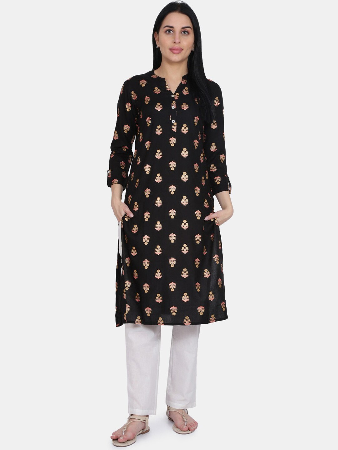 

Be Indi Women Black Foil Printed Straight Kurta