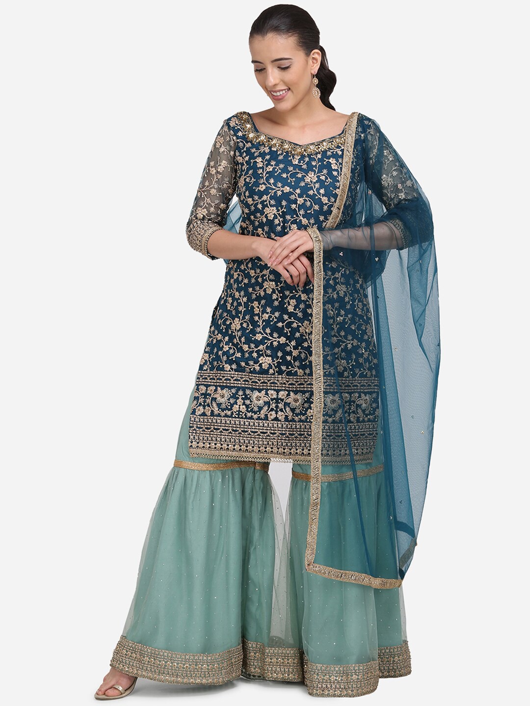 

Stylee LIFESTYLE Teal Blue & Gold Net Semi-Stitched Dress Material
