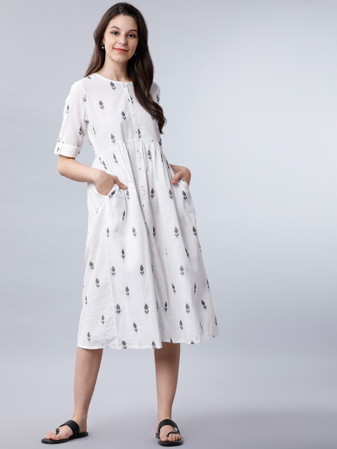 

Vishudh Off-White Floral Printed Fit and Flare Dress