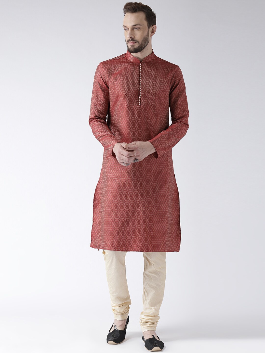 

LAMAAYA Men Maroon Embroidered Pathani Kurta
