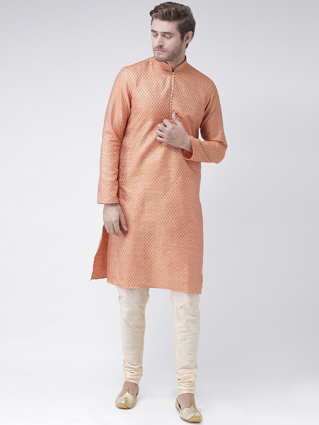 

LAMAAYA Men Orange Woven Design Straight Kurta