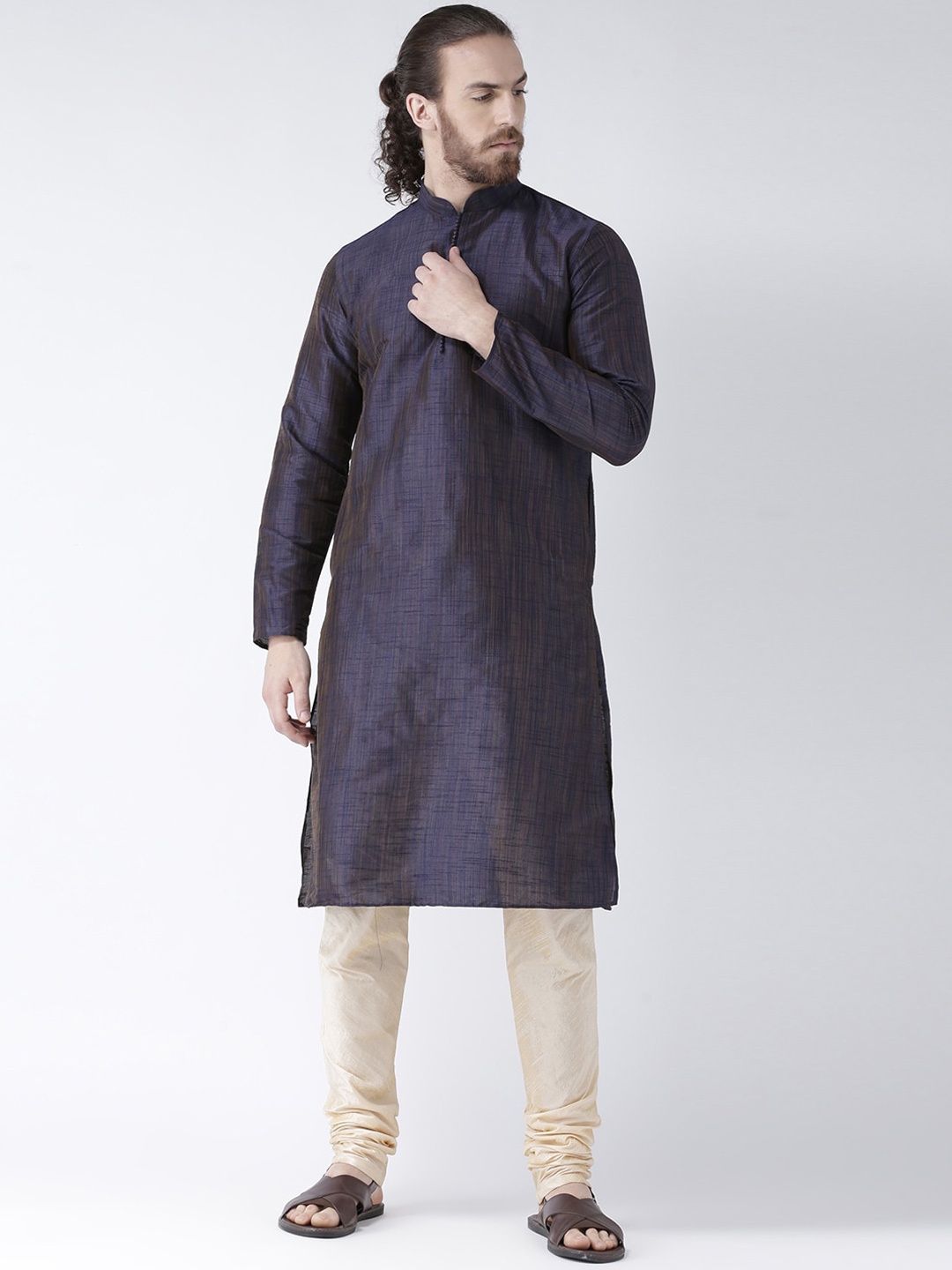 LAMAAYA Men Navy Blue Solid Straight Kurta