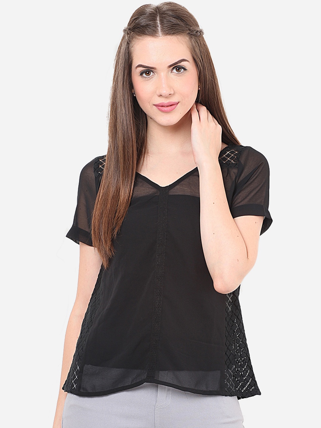 

Porsorte Women Black Solid Lace Inserts Top