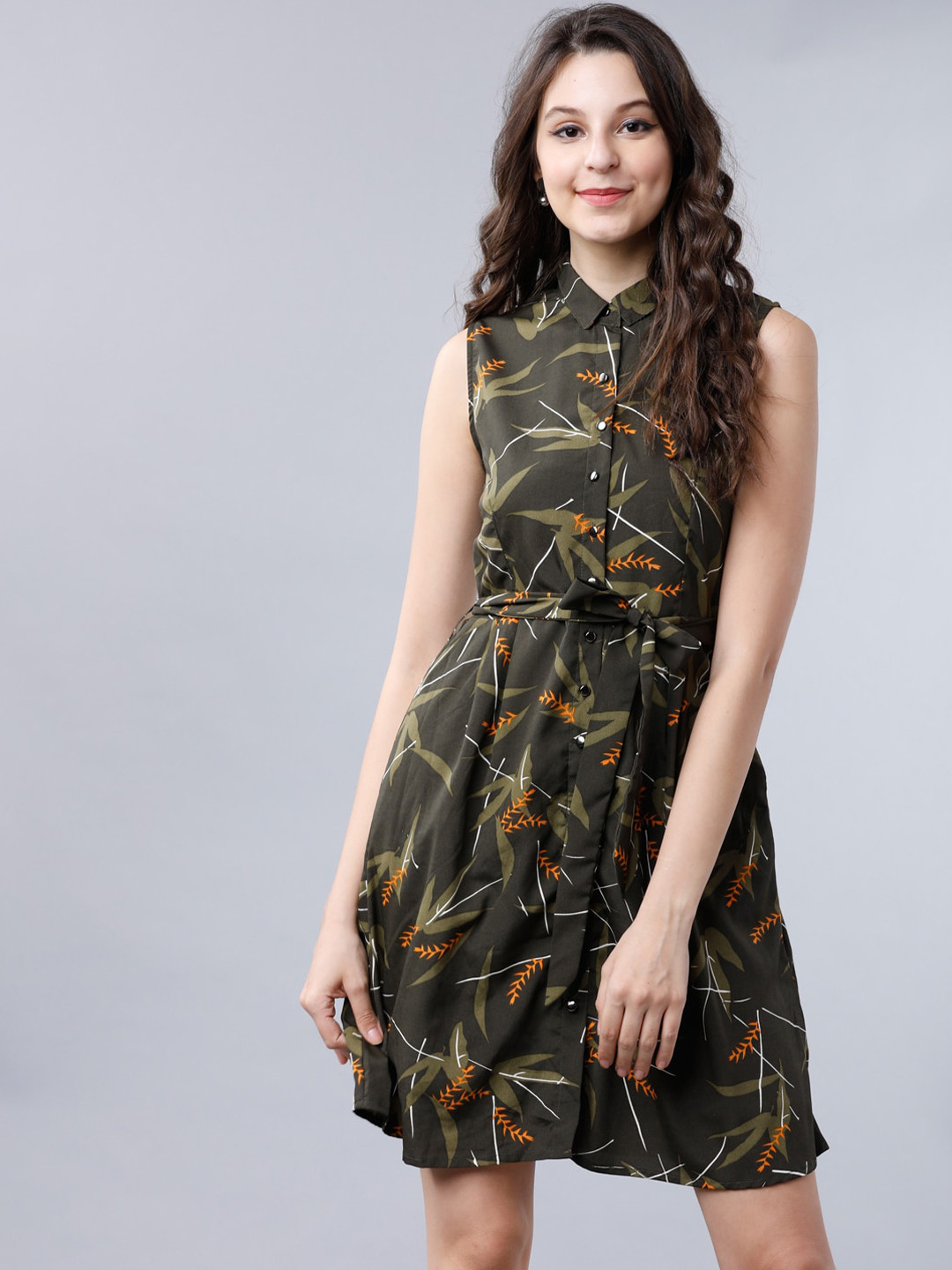 

Tokyo Talkies Women Olive Green Printed Shirt Dress