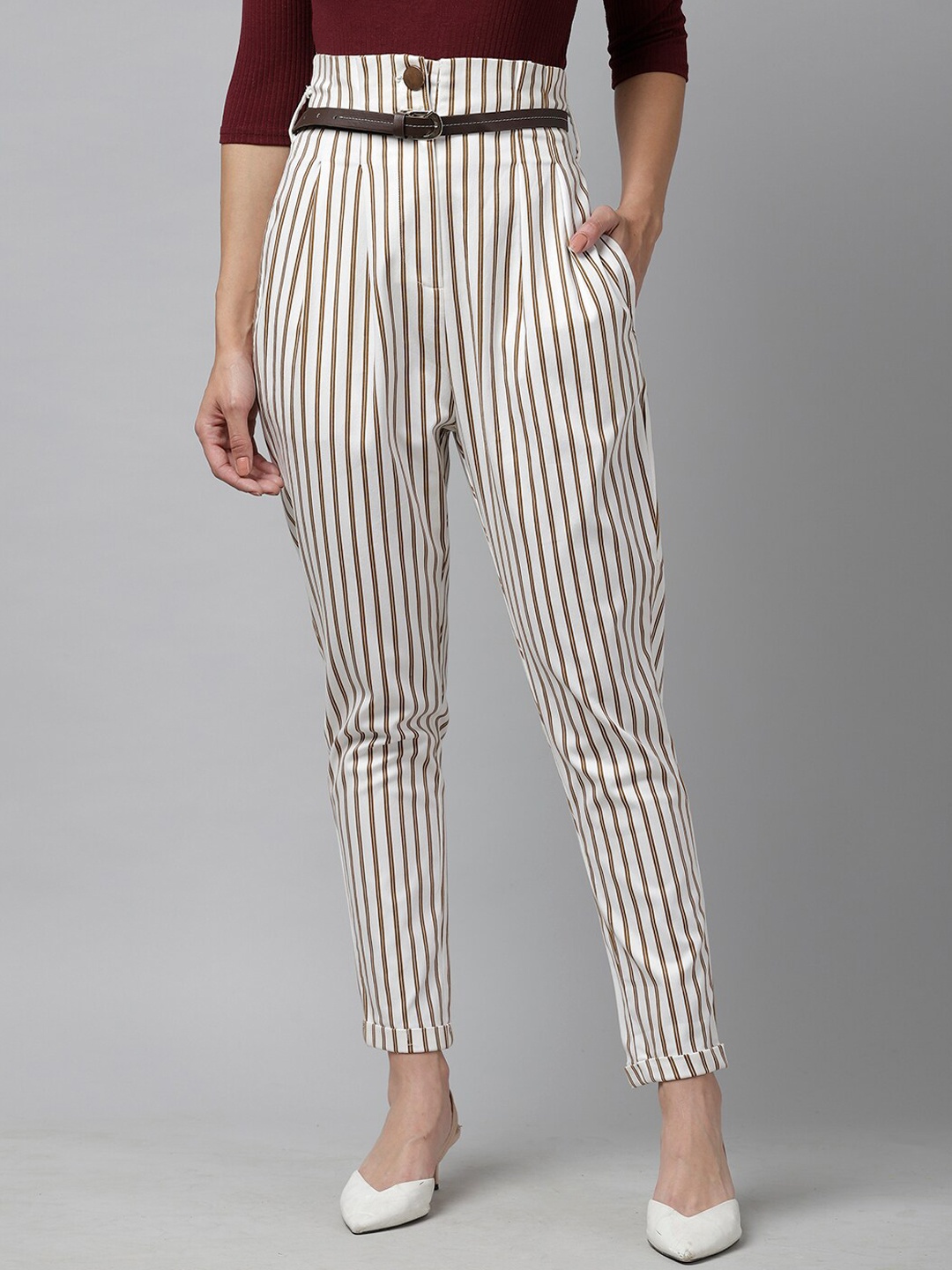 KASSUALLY Women White & Brown Slim Fit Striped Peg Trousers