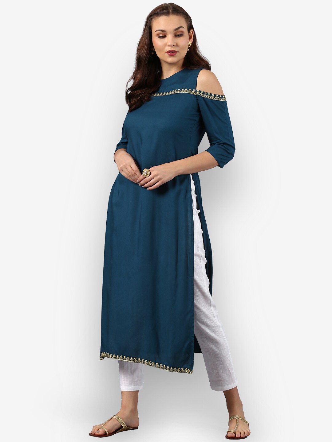 

Janasya Women Teal Blue Solid Straight Kurta