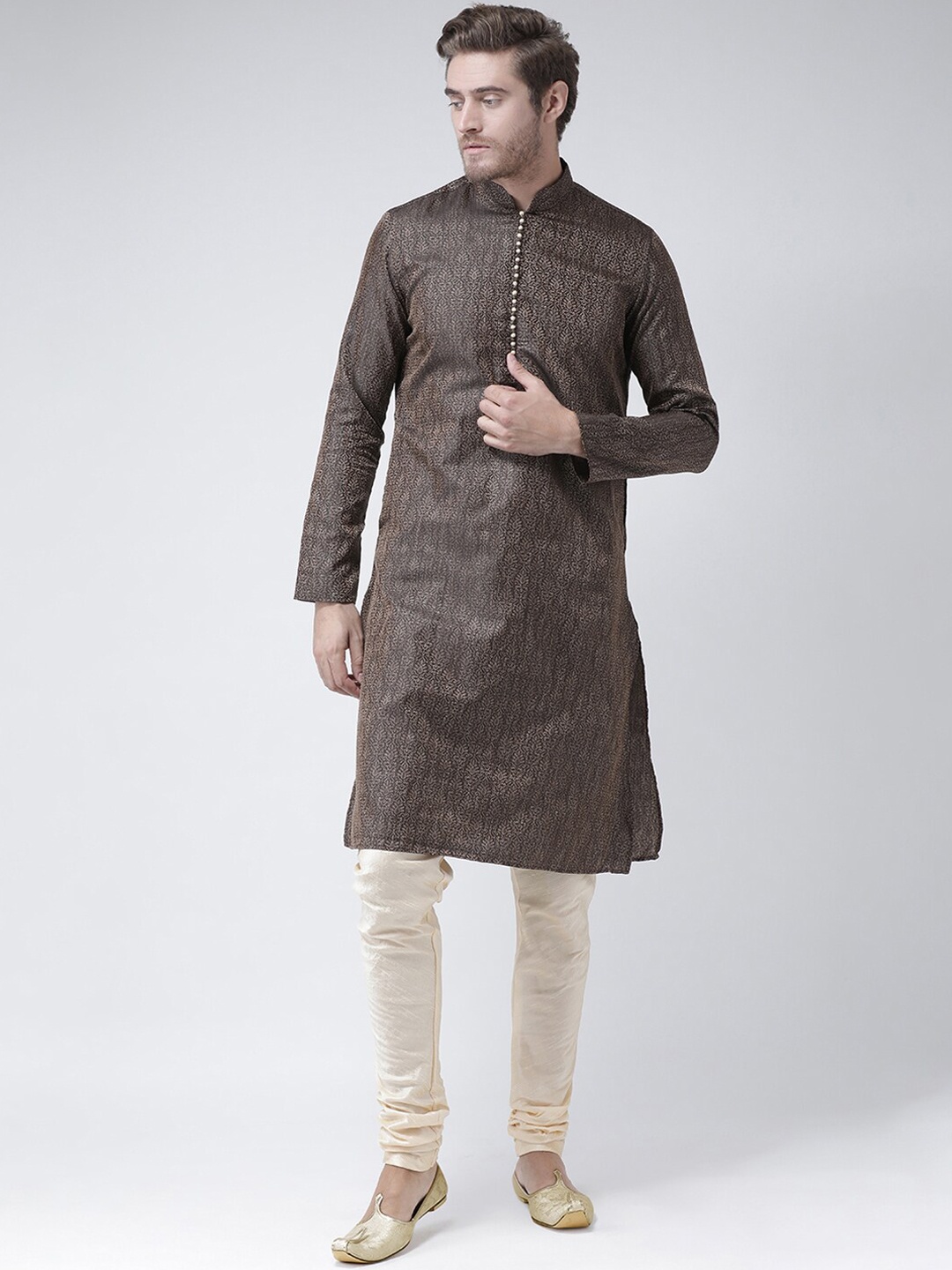 

LAMAAYA Men Black & Beige Woven Design Straight Kurta
