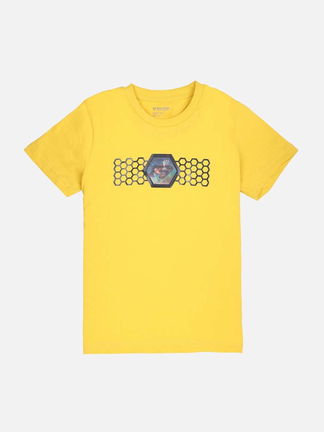 

PROTEENS Boys Yellow & Blue Super Man Printed Slim Fit Round Neck T-shirt