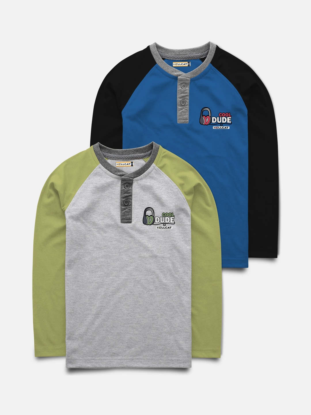 

HELLCAT Boys Multicoloured Pack of 2 Colourblocked Henley Neck T-shirt, Multi