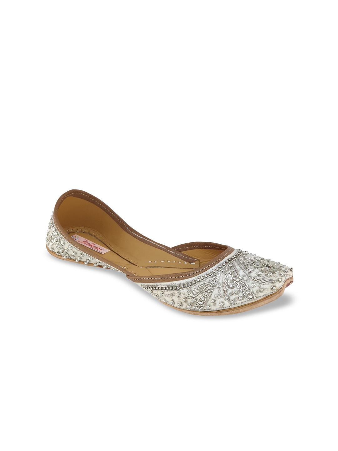 Fulkari Women Silver-Toned Embellished Leather Mojaris