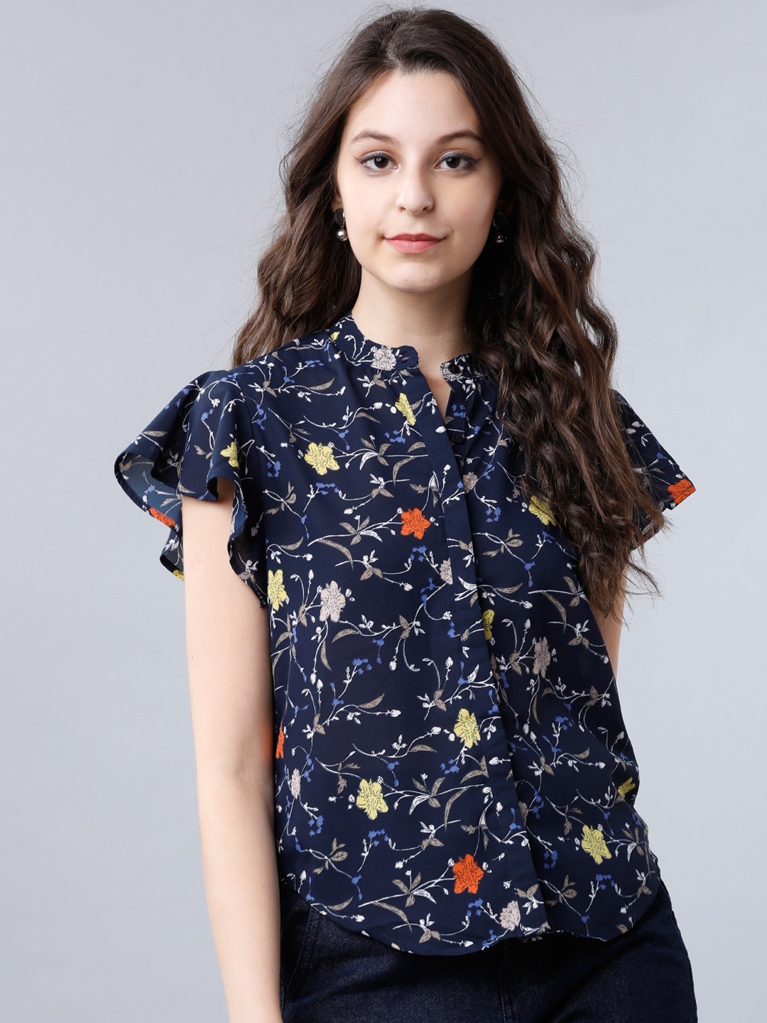 

Tokyo Talkies Women Navy Blue Printed Shirt Style Top
